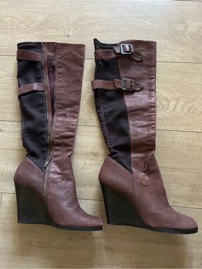 Vince Camuto Two-Tone Brown Wedge Knee-High Boots